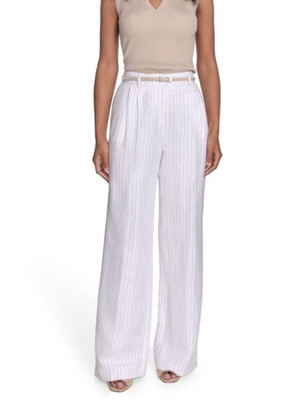 Calvin Klein Pinstripe White
Linen Pleated High-Rise Loose-Wide Leg Pants